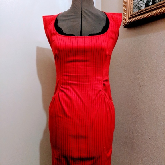 G by Guess Red and Black Pinstripe Wiggle Dress S - Picture 1 of 4